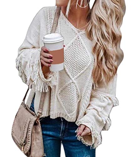 SELX Suéter feminino de manga comprida de cor lisa com gola redonda pulôver com borlas, 1, L