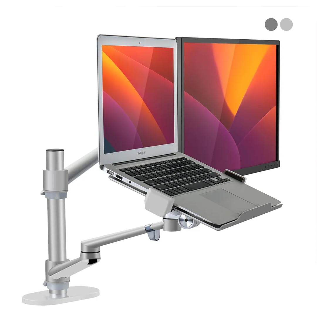 Supporto per laptop e monitor 2 in 1, doppio braccio regolabile per laptop da 12 a 17" e monitor da 17 a 32", design ergonomico, regolabile in altezza e inclinabile, colore argento