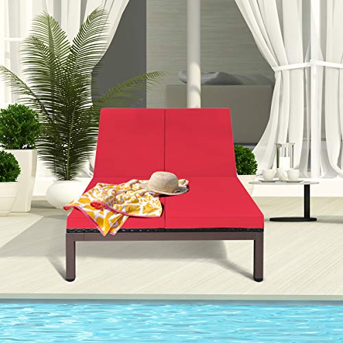 Tangkula 2-Person Patio Lounge Chair, Outdoor Rattan Double Wicker Daybed Chaise Lounge Chair With Adjustable Backrest Wheels & Cushion, Patio Sofa For Garden Lawn Backyard (Red) #TOP3