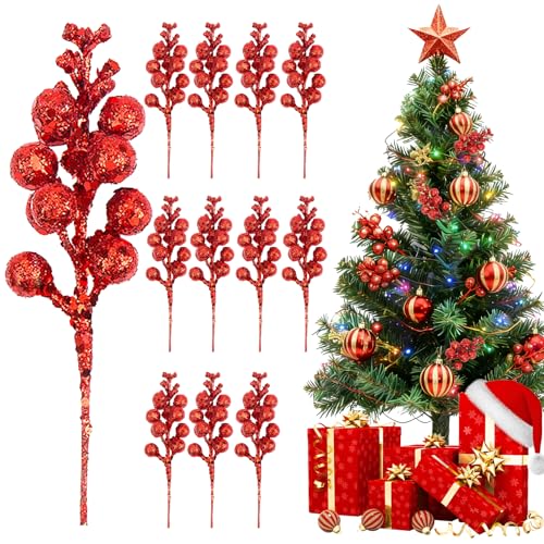 Zweige Deko Weihnachten, 12 PCS Stäbchen Weihnachten Glitzer Beeren...