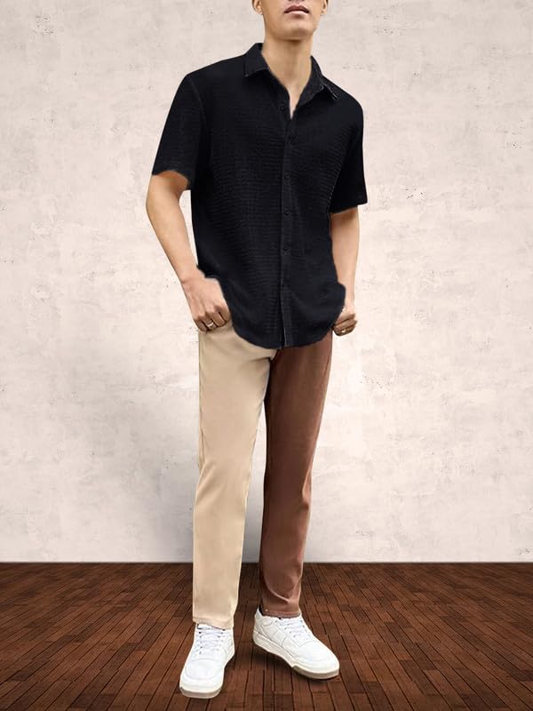 Image of Pinkmint Popcorn Shirt for Men Soild Slim Fit Sleeve Spread Collar Trendy Men Shirt Summer Wear Goa Wear Olive