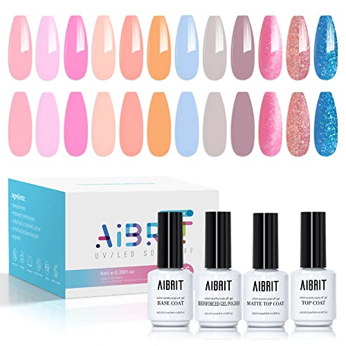 AIBRIT Gel Nail Polish Set, 12 Colors 8 ml Gel Polish Kit with 4 Pack Glossy & Matte Top Coat and Base Coat, Pink Blue Orange Grey Glitter Soak Off Gel Polish Manicure Kit for DIY Home Salon Nail Art