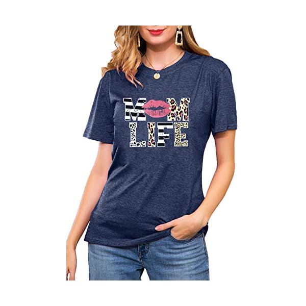 Women Mom Life T-Shirts Leopard Lips Stripe Graphic Shirts Funny Letter Printed Tee Mother's Day Casual Blouse