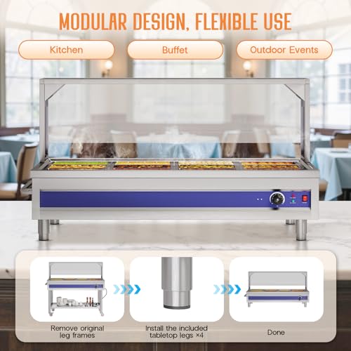 Jocisland 12-Pan 96QT Commercial Food Warmer, 1500W Stainless Steel Steam Table with Top Shelf, Lids, Food Tongs, Undershelf, Wheels, 110V Temp Control for Catering