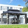 Aoxun 12" X 16" Hardtop Gazebo, Outdoor Pergolas with Mosquito Netting and Curtains, Galvanized Steel Double Roof Permanent Aluminum Gazebo, and LED Outdoor Waterproof Hanging Lights