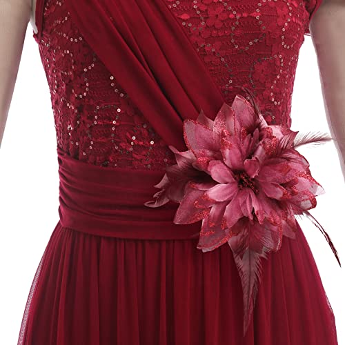 Afavom Women's Sequin Lace Lyrical Dance Dress Chiffon Straps Ballet Leotard Jumpsuit With Flowy Mesh Skirt Long Lyrical Dancewear Adult Contemporary Dance Costume With Flower Wine Red M #TOP5