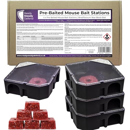 Ready Steady Defend Pre-Baited Clear Mouse Control Boxes (4 x 20g) Ready-to-Use Indoor Mouse Bait Stations with Bait Blocks for Effective Mice Control