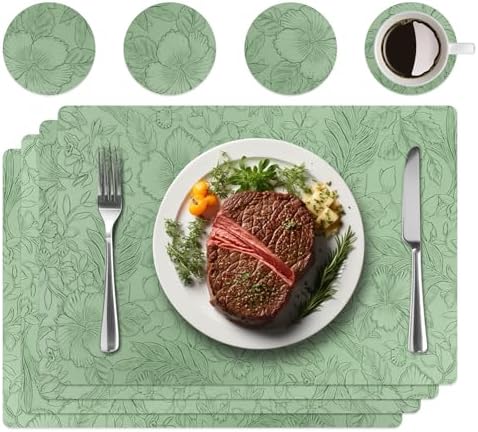 Placemats Set of 4 with 4 Coasters,Carving Floral Design,Non-Slip, Heat Resistant,Washable for Kitchen and Dining Table,Artificial Leather Place Mats (Green)