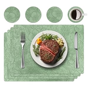 Set di 4 tovagliette con 4 sottobicchieri, design floreale intagliato, antiscivolo, resistenti al calore, lavabili, per cucina e tavolo da pranzo, in pelle artificiale (verde)
