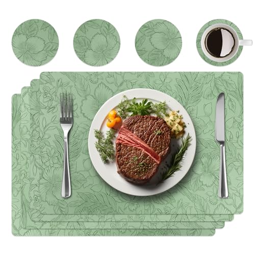 Placemats Set of 4 with 4 Coasters,Carving Floral Design,Non-Slip, Heat Resistant,Washable for Kitchen and Dining Table,Artificial Leather Place Mats (Green) by WAKOSAN - Used condition - US$6.99