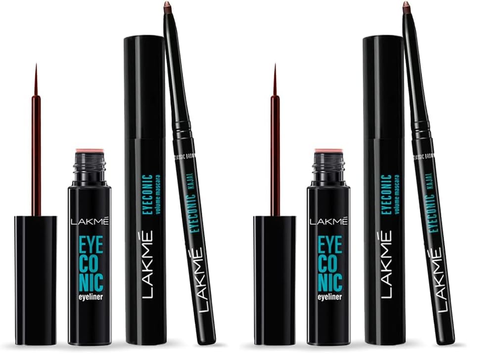 Image of LAKME 9To5 Eyeconic Trio|Set Of 3 - Liquid Eyeiner 8.5Ml,Matte Kajal,Classic Brown,Kohl Liner In Twist Up Pencil - Waterproof,Smudge Proof & Long Lasting,0.35 G And Waterproof,Volume Mascara,8.5Ml
