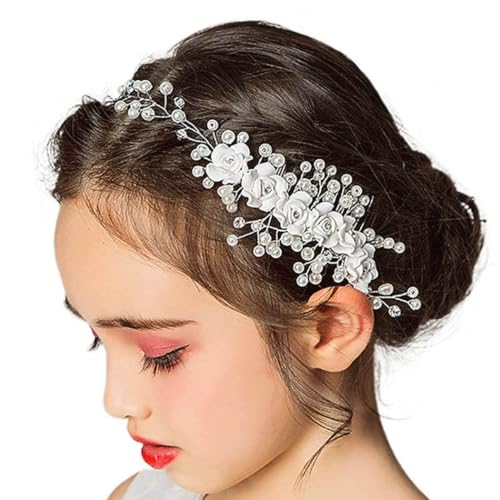 IYOU Princesa Cristal Venda Blanco Flor Comunión Fuente Perla Floral Nupcial Accesorios para el Cabello para Niñas de las Flores y Dama de Honor