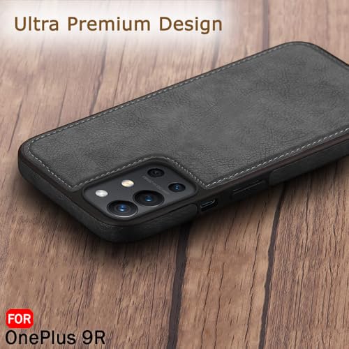 Image of TheGiftKart Genuine Leather Finish Back Cover Case for OnePlus 9R 5G|Shockproof Design|Raised Edges for Camera & Screen Protection|Stunning Minimalist Design Back Cover for OnePlus 9R, Black