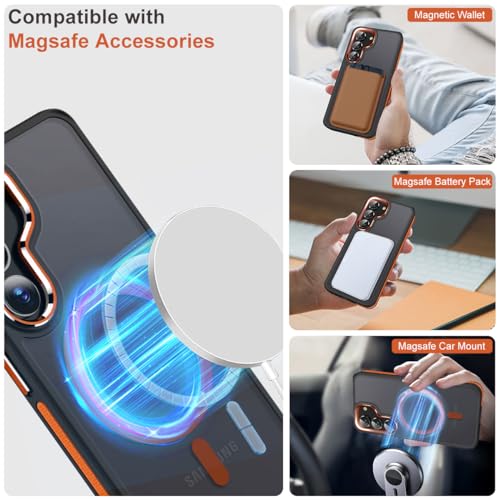 Image of MALEWOLF Case for Samsung Galaxy S23 Plus, Compatible with Magsafe, Magnetic Cover with Anti-Slip Edge, Shockproof Translucent Color Hybrid Phone Case for Galaxy S23+ 5G (Black /Orange)