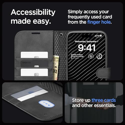Image of Spigen Wallet S Pro Back Cover Case for iPhone 15 Pro, Flip Cover Wallet Design, Air Cushion Technology - Polycarbonate + TPU | Black