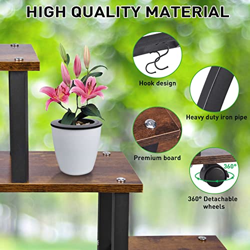 Seeutek 2 Pcs 6 Tier Tall Metal Indoor Plant Stands With Hanging Loop,Half Moon Shaped Ladder Plant Shelf Holder,Multiple Plant Stand Flower Pot Rack For Home Decor Patio Lawn Garden Balcony.(Round-Brown With Wheels) #TOP3