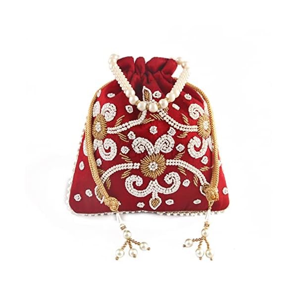 BINORI FASHIONS Rajasthani Style Royal Clutch Silk Batwa Bag HandWork Pearl Potli bag handbag with threadwork Zardozi work for Wedding and Ethnic wear