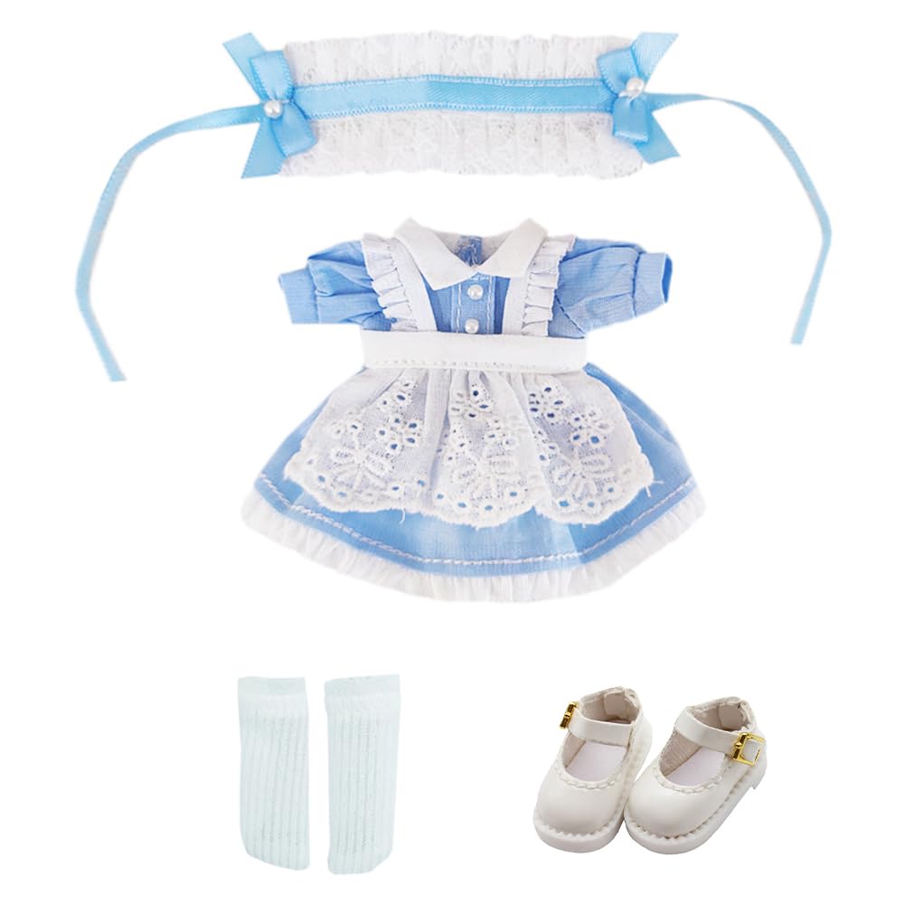 niannyyhouse 1/12 BJD Doll Clothes Headwear Dress Apron Shoes Socks Maid Outfit OB11 4.3in Action Figures Doll Dressup (Blue)