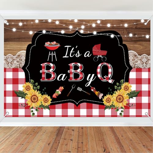 NECSOLE 7x5ft Baby Q Shower Backdrop It's A Baby Q Banner Baby Shower Decoration Background Rustic Wood Barbecue Gender Reveal Picnic Birthday Party Supplies Photo Studio Props