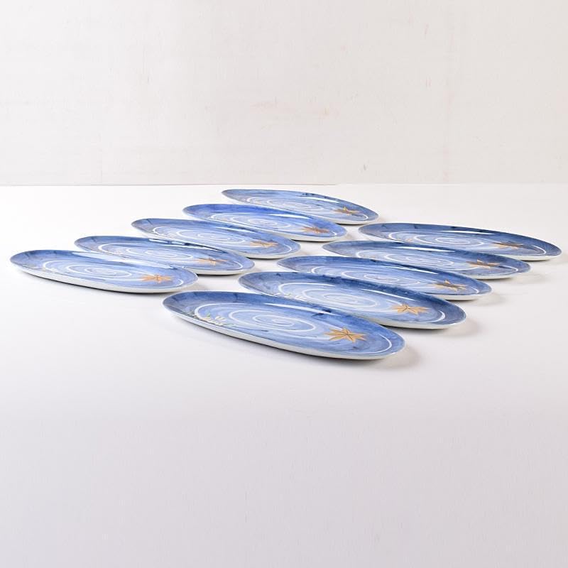 肥前有田焼　泉寿堂謹製　染錦　紅葉菖蒲文　楕円皿　十客　共箱　M　R8139B 肥前有田焼 泉寿堂謹製 染錦 紅葉菖蒲文 楕皿 十客 共