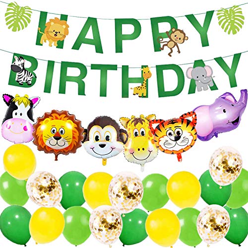 Image of Party Propz Jungle Theme Decoration - 22Pcs | Happy Birthday Banner Paper | Animal Jungle Theme Balloons & Safari Decoration Multicolor