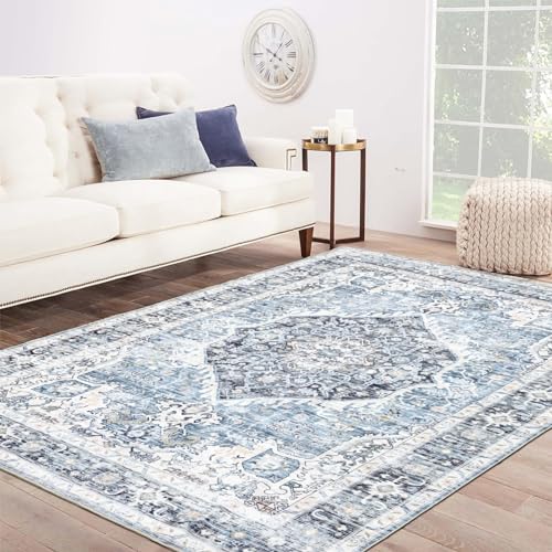 Area Rug 8×10, Large Vintage Boho Rug,Ultra-Soft Low Pile, Washable, Non Slip,Stain Resistant, Printed Carpet for Living Room Bedrooms Playroom Office Kitchen, Light Blue