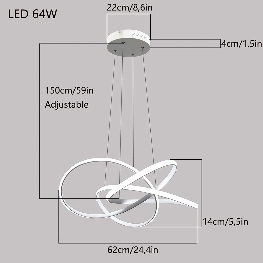 Moderna sospensione LED con design a spirale, 64W dimmerabile con telecomando, luce a lampadario regolabile in altezza, per soggiorno, camera da letto, sala da pranzo, isola della cucina (D - Bianco)