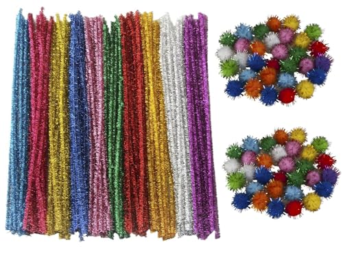 MAHAVIMOKSA 200pcs Mixed 10 Colors Glitter Sparkle Pipe Cleaners Tinsel Stems and Pompoms for Art Craft DIY Party Home Decoration