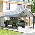 Sundale Outdoor Metal Carport 10' x 20', Heavy Duty Canopy for Garage, Car Garage Shelter with Galvanized Metal Roof and Two Bibs with Pockets for Jeep and Boat, Grey