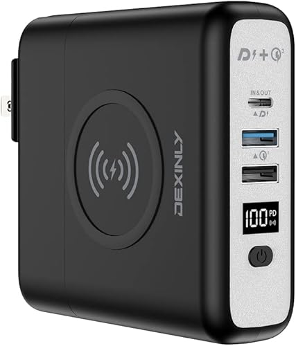 DEXINLY Cargador portátil inalámbrico 10000mAh 3 en 1 PD20W USB-C QC30 USB-A cargador de pared con enchufe de pared de CA cargador de viaje para