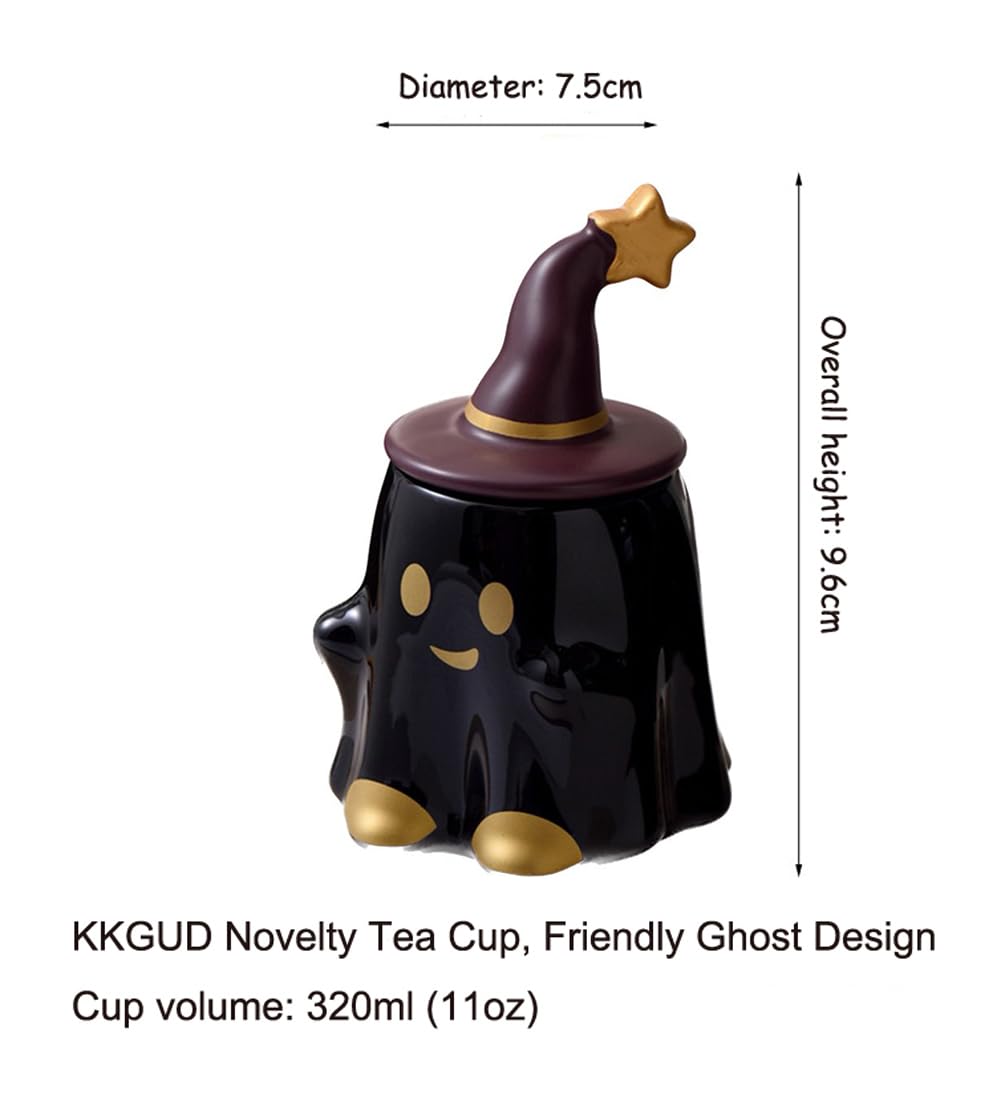 KKGUD Novelty Tea Cup, Ceramic 11oz Halloween Coffee Mug with Lid- Friendly Ghost (Black), Friendly Ghost- Black, Normal - Image 2