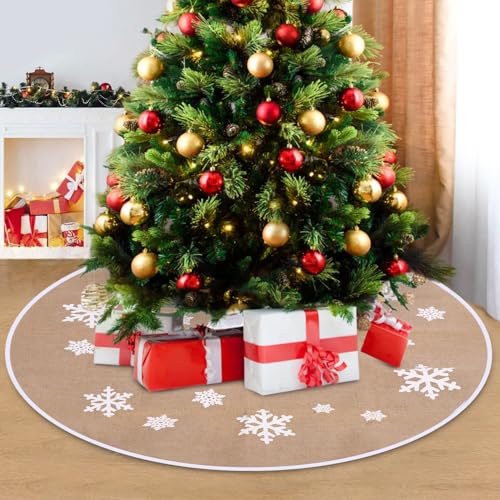 FAOKZE Faldón de Copo de Nieve para Árbol de Navidad, Manta Base de Lino, Decoración Navideña (Caqui, 80 cm)