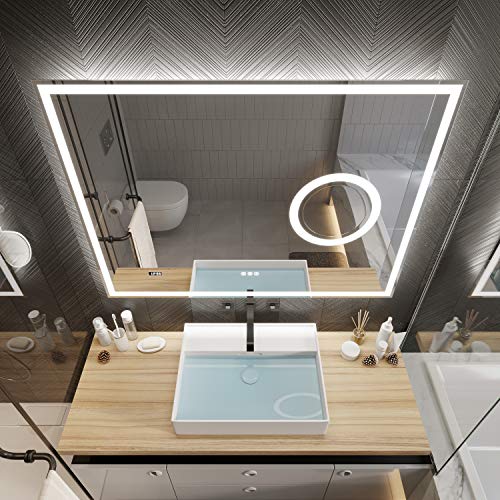 PetusHouse 48 X 36 Inch LED Lighted Smart Bathroom Mirror, Bluetooth Speaker and 5.5 Inch 3X Lighted Magnifier, Wall Mounted White Light Backlit Dimmable Anti-Fog Time Display CRI>90, Horizontally