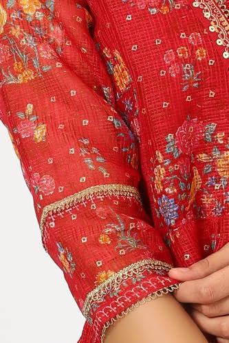 Image of W for Woman Women's Polyester Crimson Red Embroidered Flared Kota, Straight Kurta and Pant with Dupatta Set