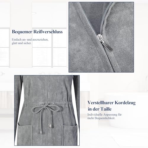 Zinnora Leichter Kurz Bademantel Damen Hausmantel Weiches Frottee Mit Kapuze Und Zipper S Steingrau Ideal für Sauna und Zuhause