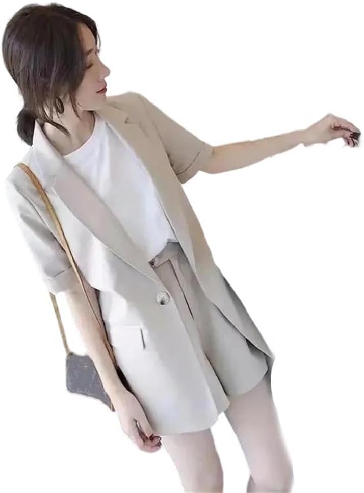 Women Solid Short Sleeve Blazer Set, Thin Blazer Wide Leg Shorts Temperament Two-Piece Outfits