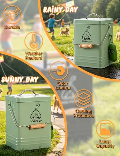 Image of Dog Poop Trash Can Outside, Metal Pet Waste Trash Can with Lid & Handle, 5L /1.3Gal Dog Waste Station with Bag Holder & 30 Bags(Green)