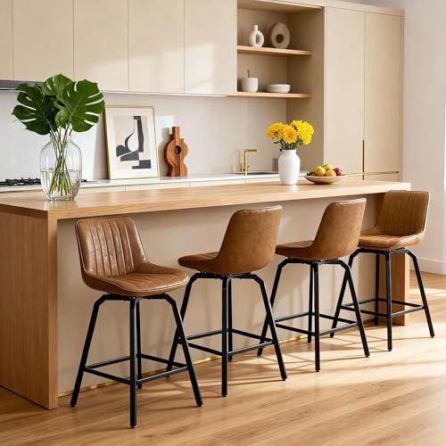 Image of 26 inch Counter Height Bar Stools Set of 4, 360Swivel Bar Stools Stripes PU Leather, Island Stools with Back and Metal Legs, Bar Chairs for Kitchen, Bar, Dining Room, Brown