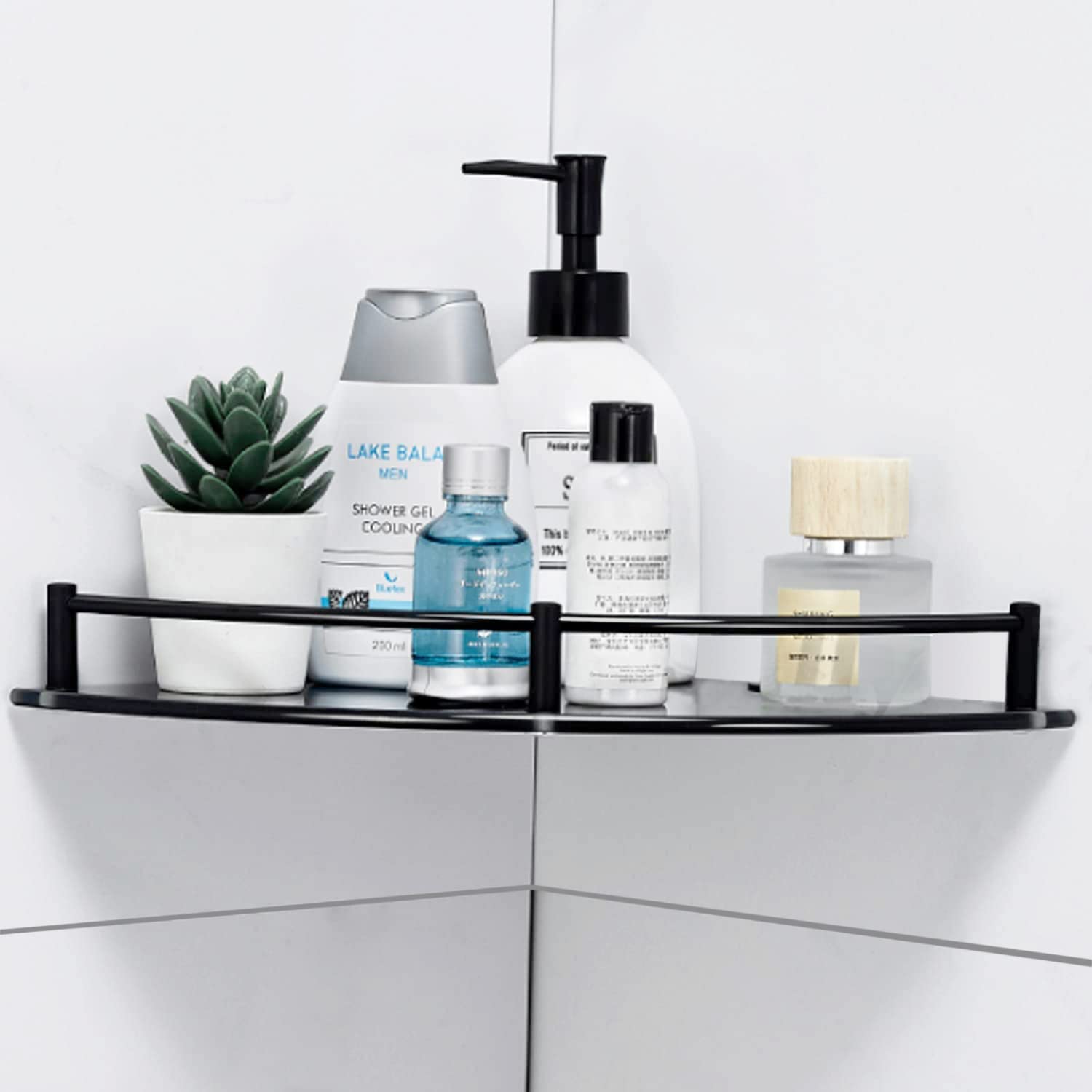 Halyuhn Glass Bathroom Shelf with Rustproof Rail Black Glass Corner Shower Shelf Wall Mount Drill Hole Shower Caddy