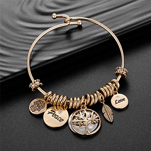 Image of LUX ACCESSORIES Gold Round Pendants Hamsa Peace Love Tree of Life Feather Bohemian Bangle Bracelet