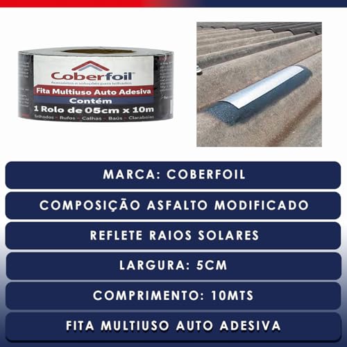 Kit 5 Mantas Asfáltica Adesiva Multiuso Metalizada 5cmx10m Auto Colante Vedação para Telhados Calhas