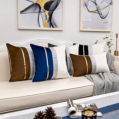 Yangest Navy Blue Patchwork Velvet Lumbar Pillow Cover With Gold Striped Leather Cushion Case Modern Luxury Pillowcase For Sofa Couch Bedroom Living Room Home Decor,12 Inchx20 Inch thumb #6
