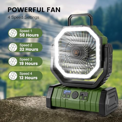 Odoland 30000mAh Camping Fan with LED Lantern, Rechargeable Battery Operated Oscillating Fan with Remote & Hook, Portable Tent Fan with Timer, 4 Speeds for Outdoor Camp RV Jobsite Power Outage, Green - 3