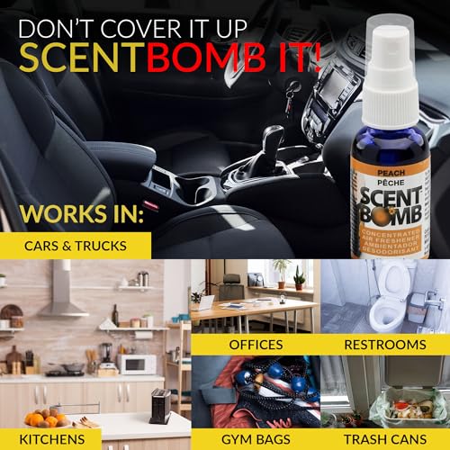 Image of Scent Bomb Air Freshener Spray, Long-Lasting Odor Eliminator - Effective Deodorizer for Home & Car, Fresh Room Spray for Kitchen, Bathroom & Smell Neutralizer - 1 oz Pack of 4, Peach Scent