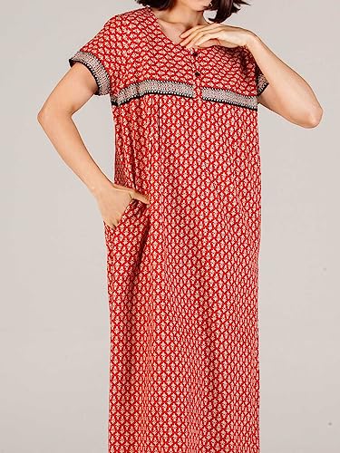 Image of Evolove Women's Cotton Long Maxi Night Gown Nighty Dress with Pocket & Stylish Button, Super Soft Comfortable (LNG-Button)