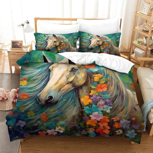 Housse de couette fleurs et chevaux 3-pièces imprimé animal parure lit microfibre 200x200 - 3