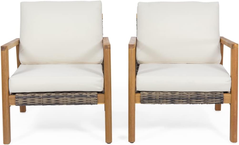 Christopher Knight Home Crystal Outdoor Acacia Wood Club Chairs with Wicker Accents (Set of 2), Teak Finish, Gray, Beige