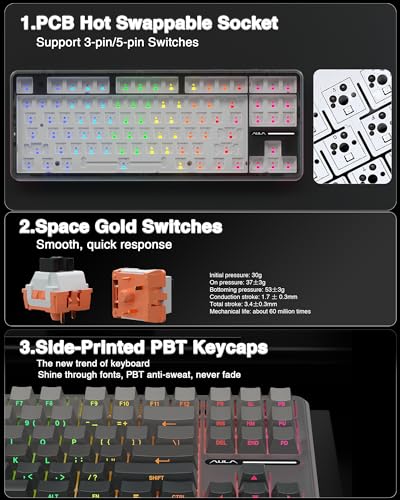 Image of AULA F87 Pro Wireless Mechanical Keyboard,Tri-Mode BT5.0 /2.4GHz /USB-C Hot Swappable Custom Keyboard,Pre-lubed Switches,Side Printed PBT Keycaps,75% TKL RGB Backlit Gaming Keyboards