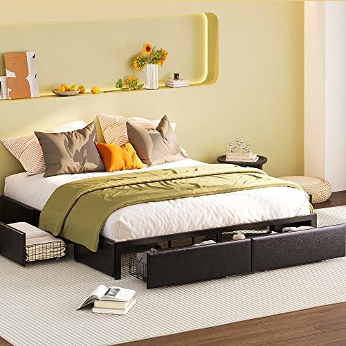 Anctor King Bed Frame With 4 Drawers, Faux Leather Upholstered Platform Bed, Bed With Storage No Box Spring Needed,Metal Slats Support, Easy Assembly #TOP2