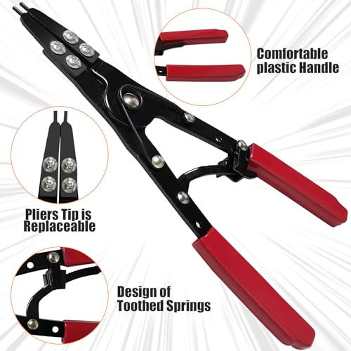 Image of 38700 Spindle Snap Ring Pliers External, 10 inch Large Snap Ring Pliers Heavy Duty Circlip Pliers Car Repair Tools Kit for for Ford SD Uninstall Remove Tools with Ratchet Locking 2026 Upgraded (Red)